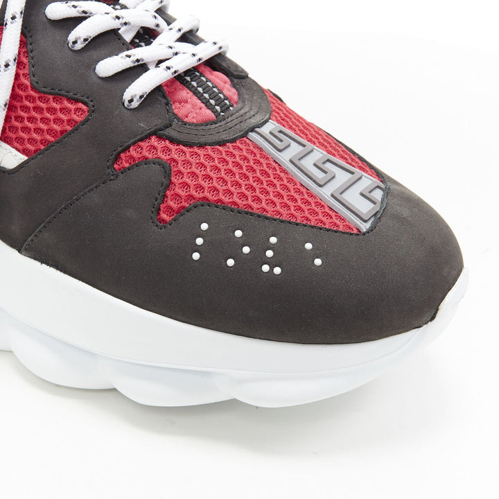 VERSACE Chain Reaction black suede fuschia red low chunky sneaker EU37 US7