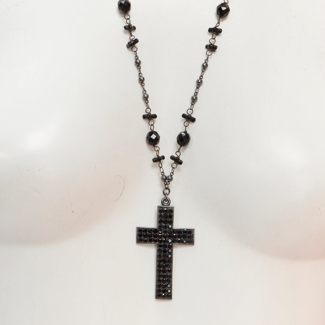 BABYLONE PARIS gunmetal crystal cross black beads rosary necklace