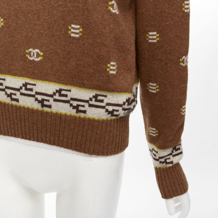 CHANEL 95% cashmere brown yellow CC logo intarsia turtleneck sweater FR42 XL