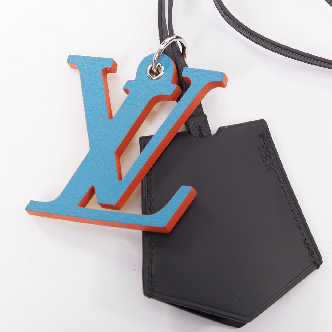LOUIS VUITTON optic blue yellow logo black leather luggage tag