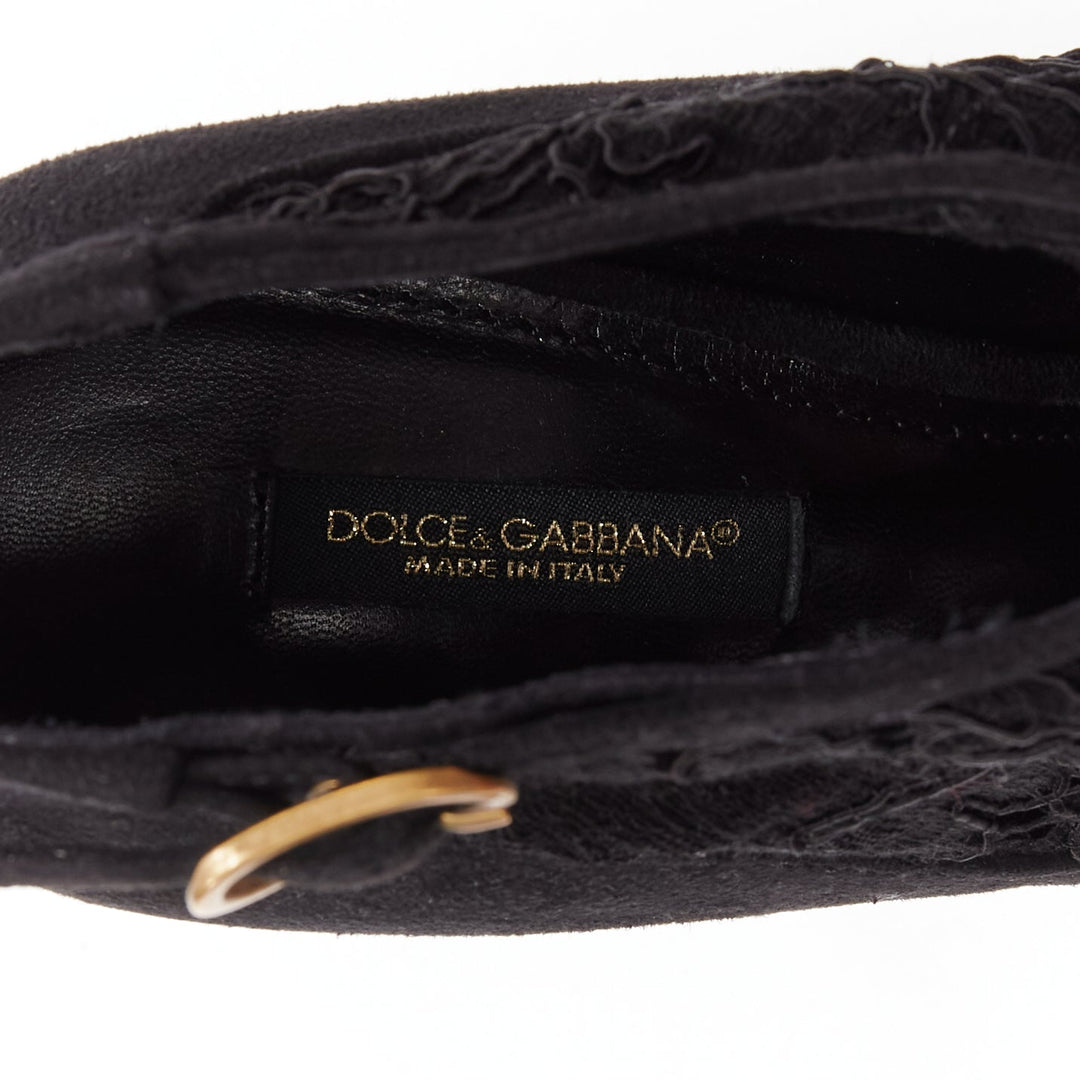 DOLCE GABBANA black suede floral lace ankle high heel ankle booties EU36