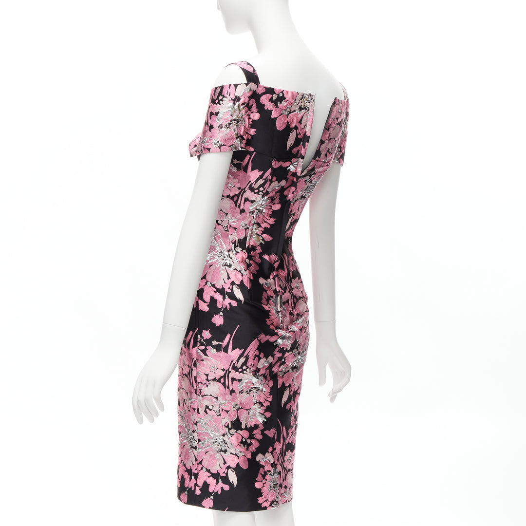 DOLCE GABBANA black pink floral jacquard off shoulder corsetted dress IT36 XXS
