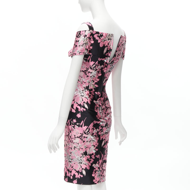 DOLCE GABBANA black pink floral jacquard off shoulder corsetted dress IT36 XXS