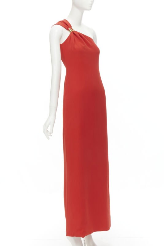 VERSACE 100% silk red gold Virtus V clasp one shoulder gown dress IT38 XS