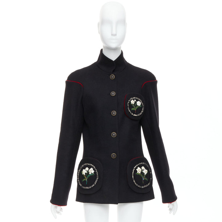 rare CHANEL 2015 Runway Edelweiss flower embroidery circle pocket wool coat FR42