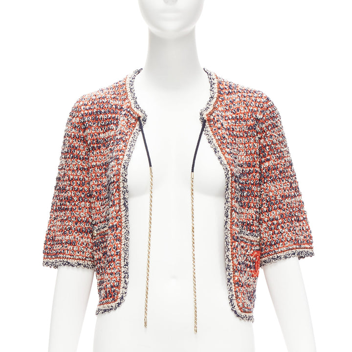 CHANEL 2011 red boule knit CC logo gold chain cropped jacket FR36 S