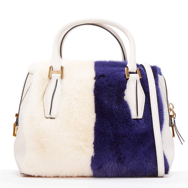 TOD'S D Cube Bauletto cream blue fur white leather GHW bowler bag