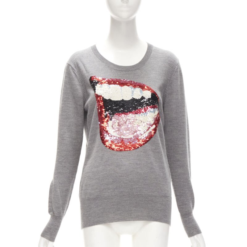 MARKUS LUPFER grey knit red lips sequins sweater S