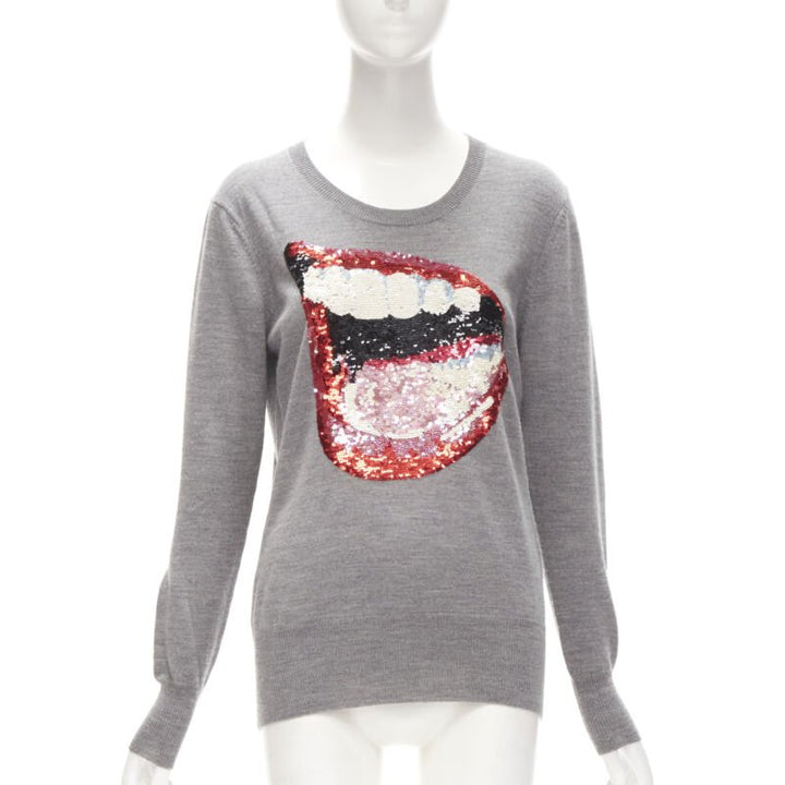 MARKUS LUPFER grey knit red lips sequins sweater S