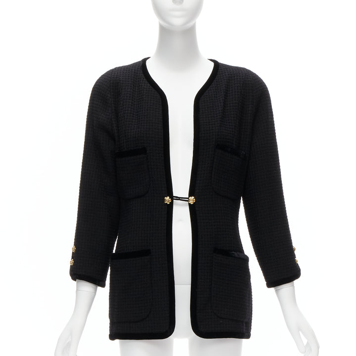 CHANEL Collection 23 1989 Vintage camellia button velvet black tweed jacket FR40