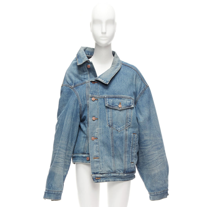 BALENCIAGA Demna 2021 blue washed denim off shoulder deconstructed jacket L