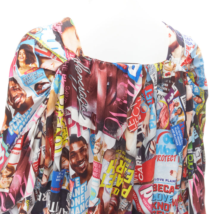 BALENCIAGA 2019 Cover Girl Magazine Tabloid V neck gathered mini dress FR34 XS