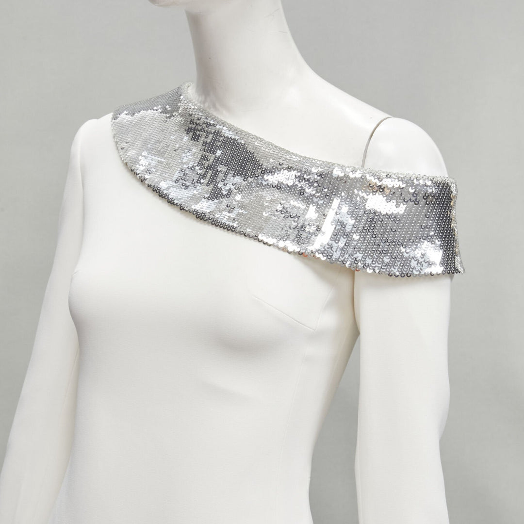 DAVID KOMA 2019 Runway silver sequins off shoulder scalloped hem dress UK6 XS