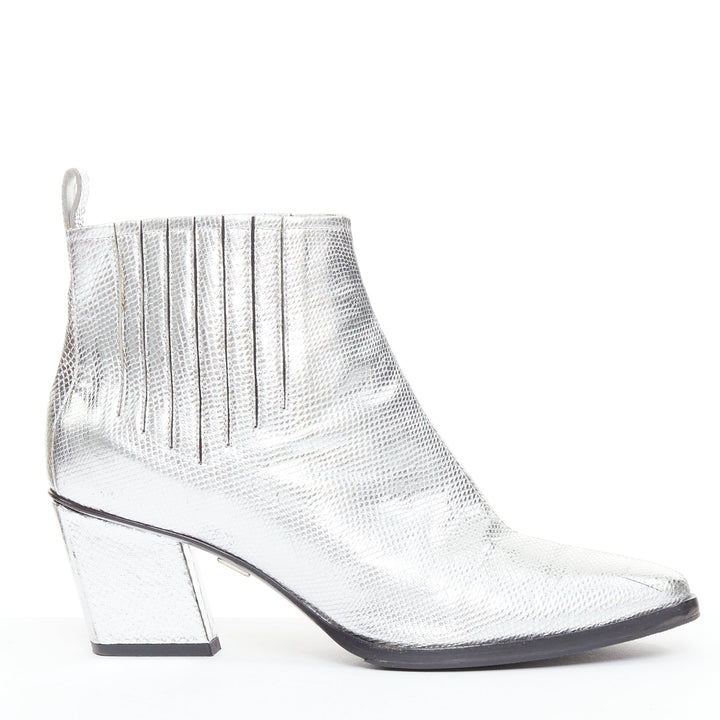 ROGER VIVIER silver texture leather slanted block heel western booties EU37