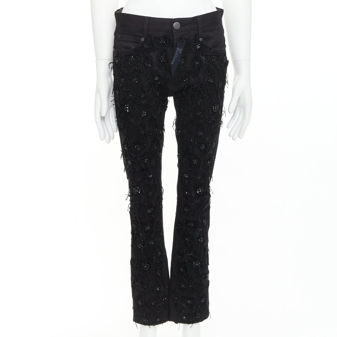 JOHN GALLIANO black cotton floral fringe embellished bootcut jeans FR46 S