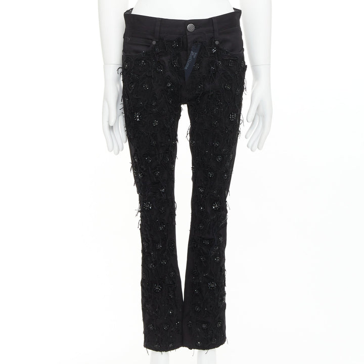 JOHN GALLIANO black cotton floral fringe embellished bootcut jeans FR46 S