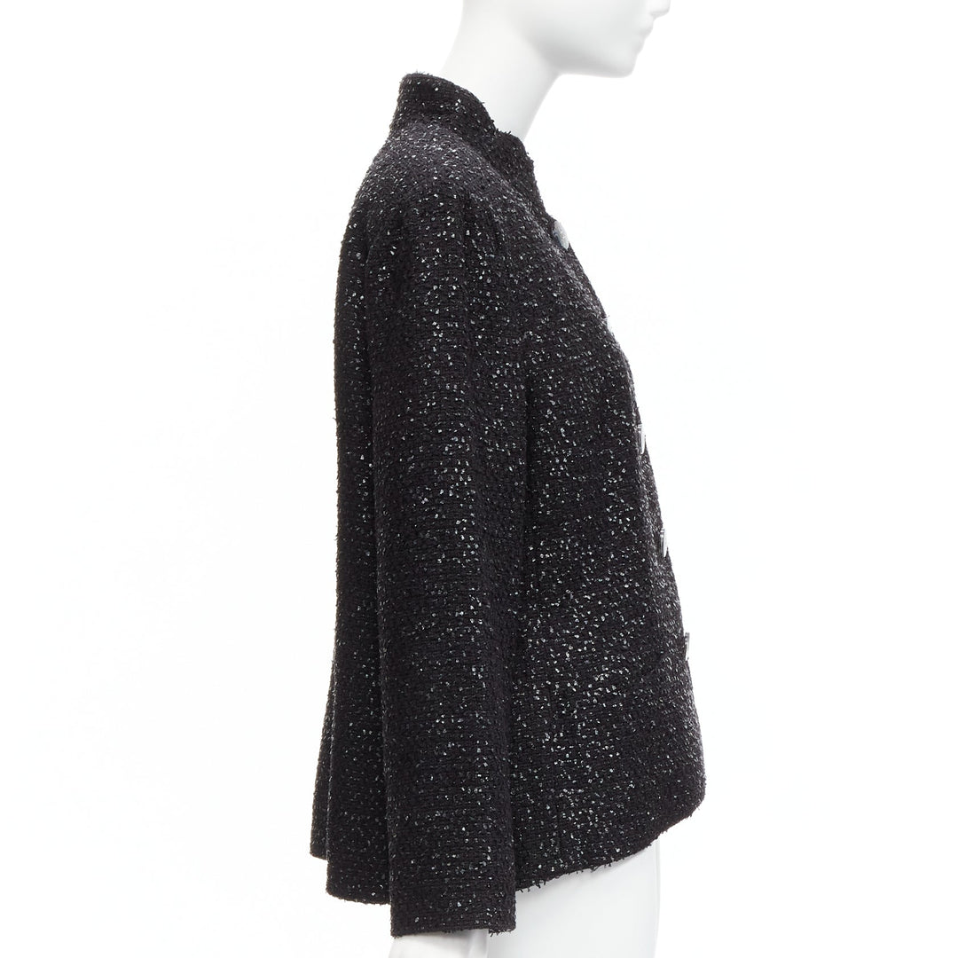 CHANEL 2019 Fantasy Tweed black lurex CC logo button power jacket FR46 XXL