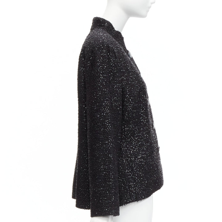 CHANEL 2019 Fantasy Tweed black lurex CC logo button power jacket FR46 XXL