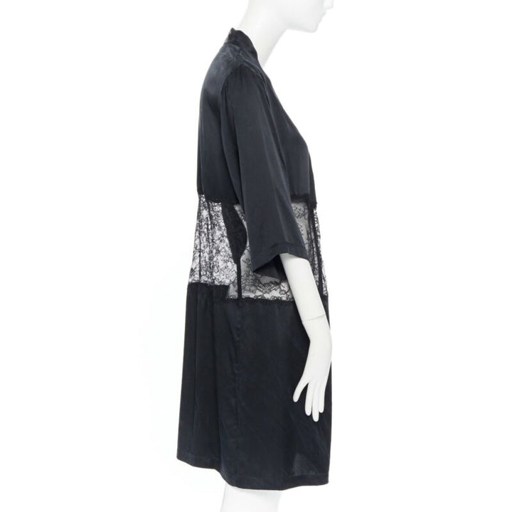 PRESENT LONDON black 100% silk floral lace panel lingerie short kimono robe UK8