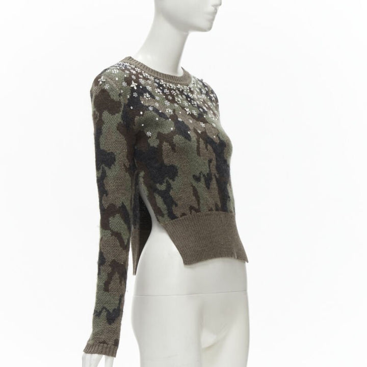 GIAMBATTISTA VALLI 2021 green camo crystal embellished cropped sweater IT38 XS