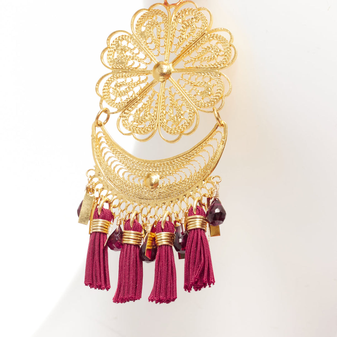 MERCEDES SALAZAR gold flower metal red tassel plastic clip earrings Pair