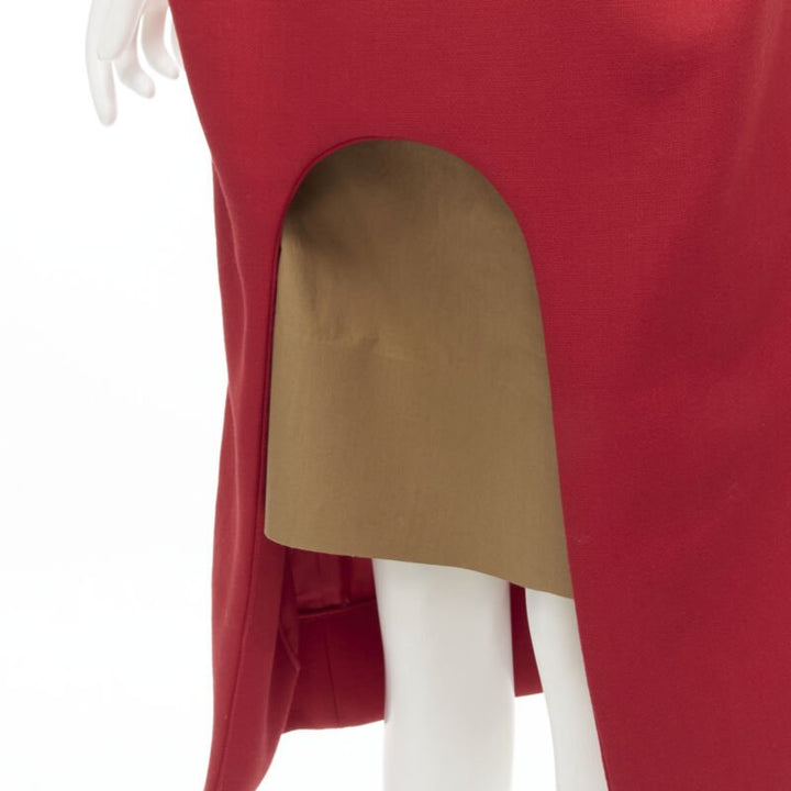MARNI red wool brown silk lining curved hem midi skirt IT40 S