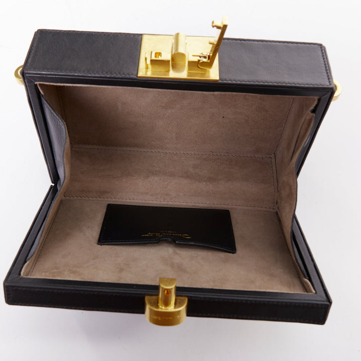 OSCAR DE LA RENTA Alibi Minaudiere black leather gold hardware box clutch