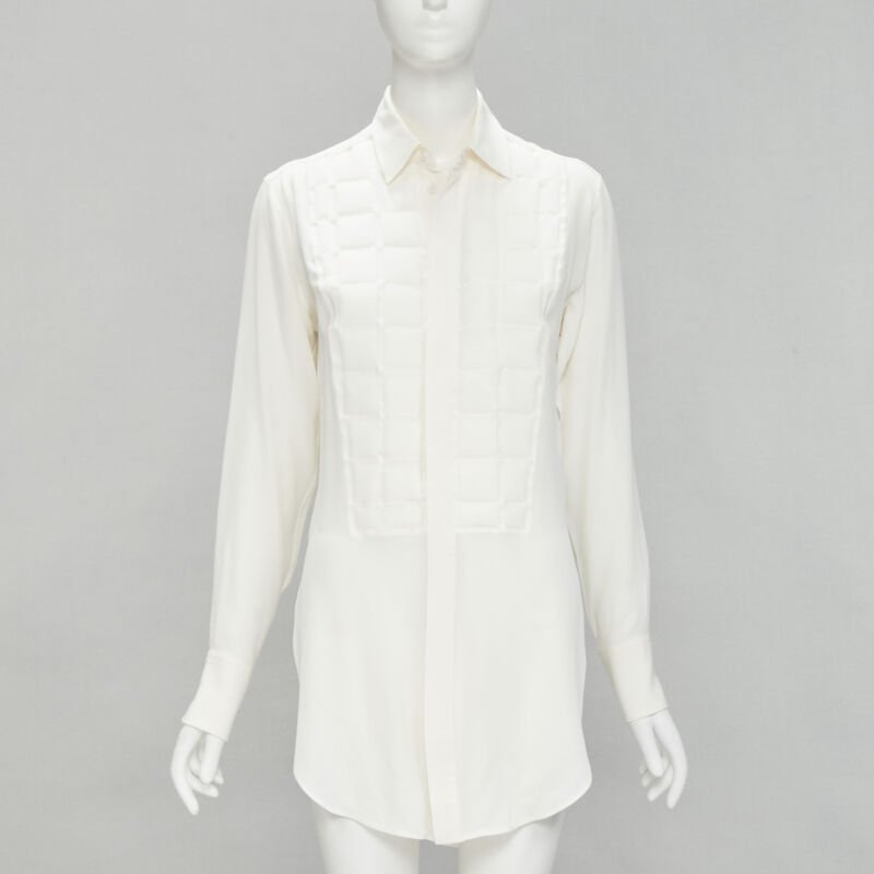 BOTTEGA VENETA 2020 100% silk quilte padded bib collar long line shirt IT38 XS