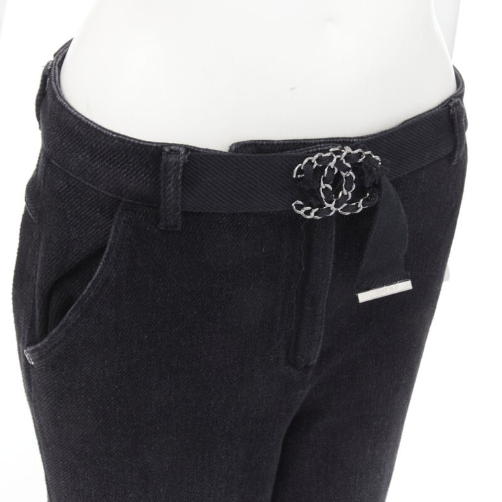 CHANEL Runway cotton black CC chain buckle belt wide leg bell pants FR38 M
