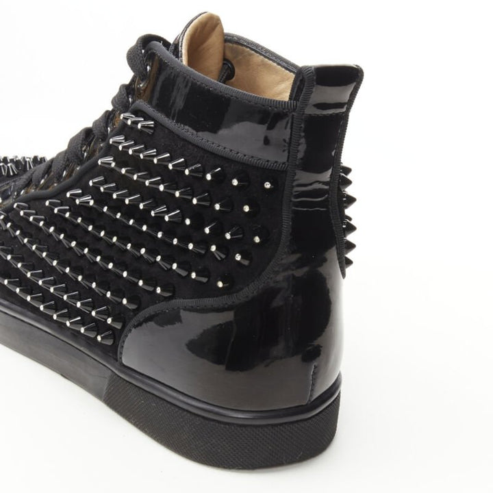CHRISTIAN LOUBOUTIN Louis black velvet crystal spike stud high top sneaker EU41