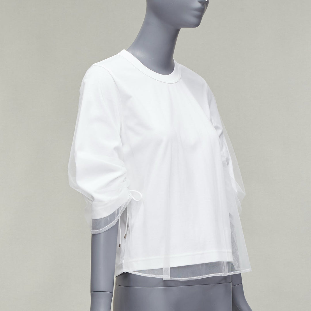 NOIR KEI NINOMIYA 2018 white cotton tulle overlay ruched sleeve tshirt XS