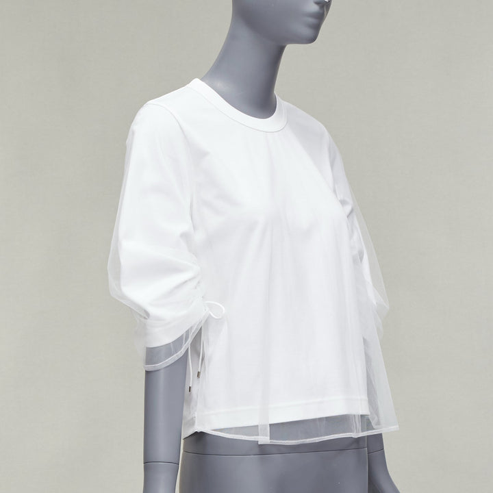 NOIR KEI NINOMIYA 2018 white cotton tulle overlay ruched sleeve tshirt XS