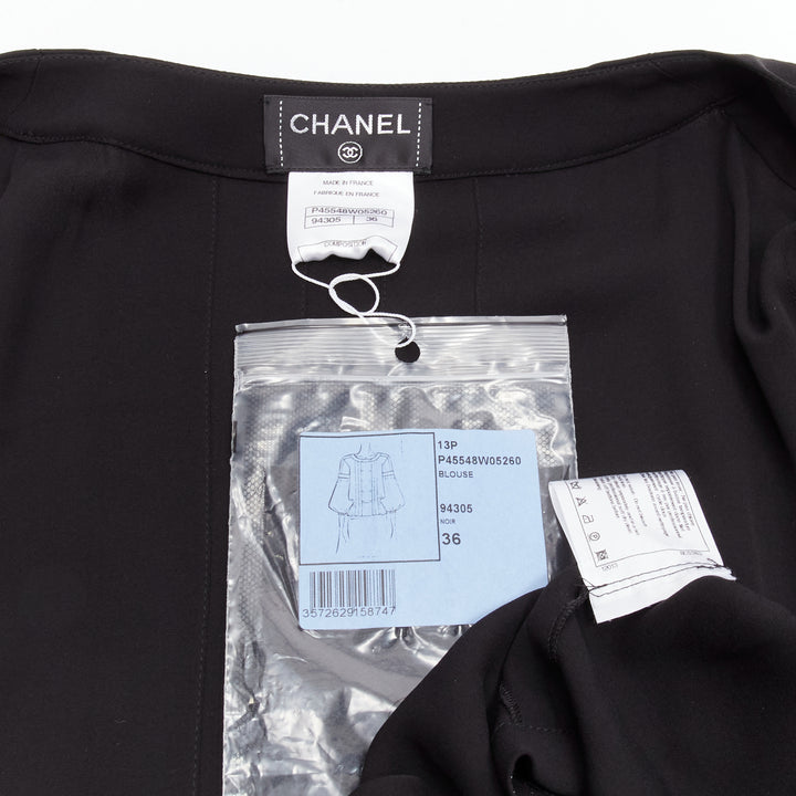 CHANEL 13P silk black floral lace sleeves pleated jacket blouse FR36 S