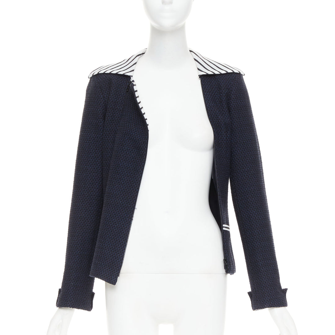 CHANEL 2017 navy white black nautical striped collar woven jacket FR34 XS
