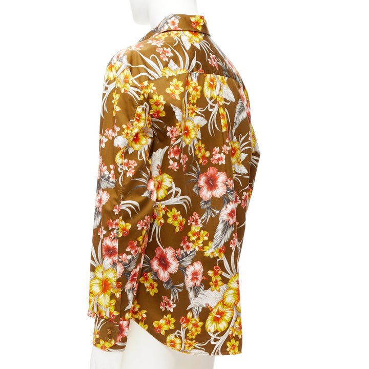 FAUSTO PUGLISI yellow tropical floral print cotton gold button shirt EU48 M