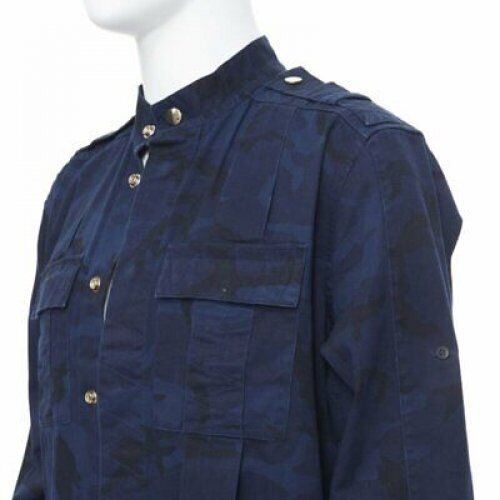 BALMAIN blue camouflage cotton gold button military shirt jacket EU38 S