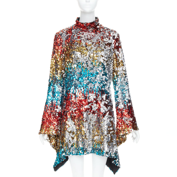 HALPERN A21D20J Flip Sequin multicolor flare drape hem mini dress FR42 XL