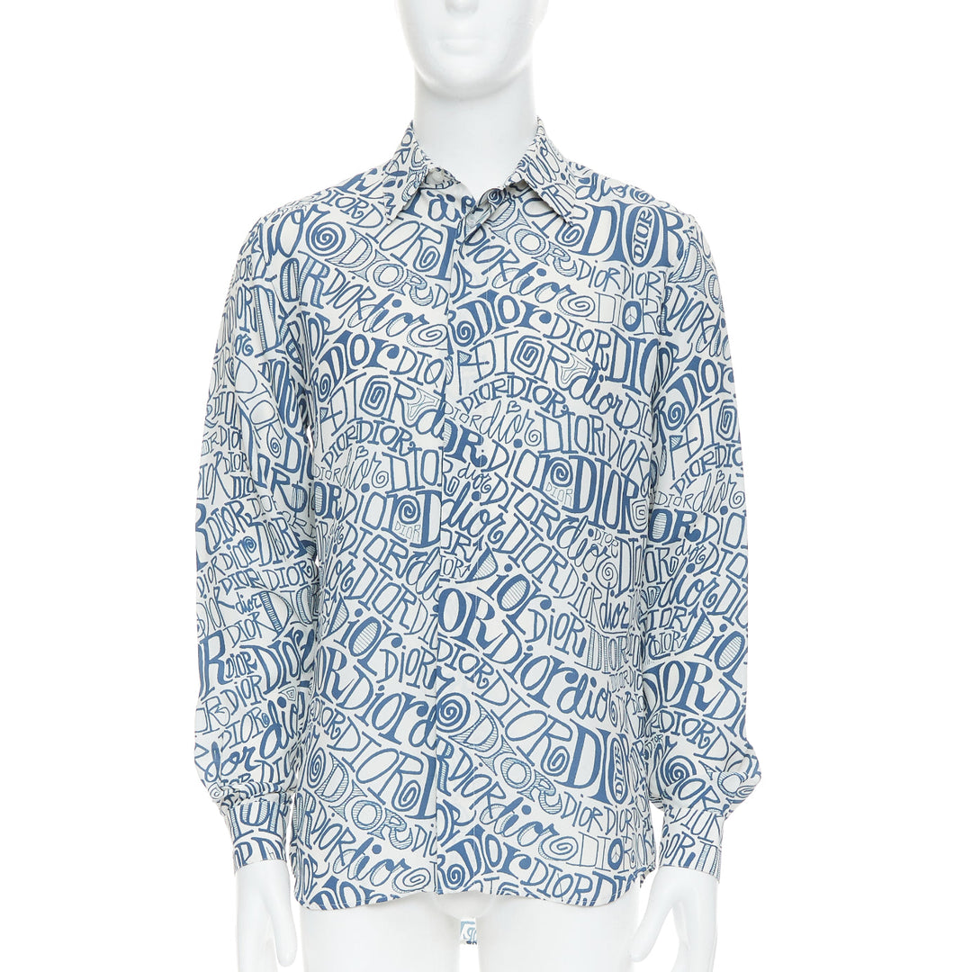 DIOR Shawn Stussy blue graffiti swirl logo print button down shirt EU38 S