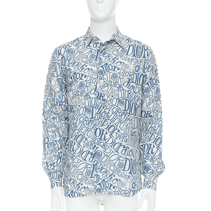 DIOR Shawn Stussy blue graffiti swirl logo print button down shirt EU38 S