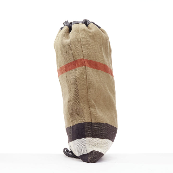 BURBERRY Hous eCheck brown jute cotton black leather trim sling backpack
