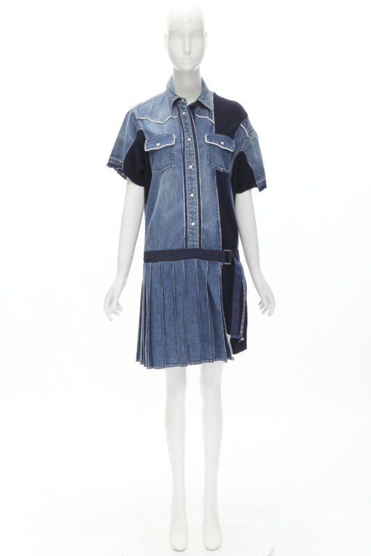 SACAI 2018 washed denim knit insert belted skirt dress JP3 L