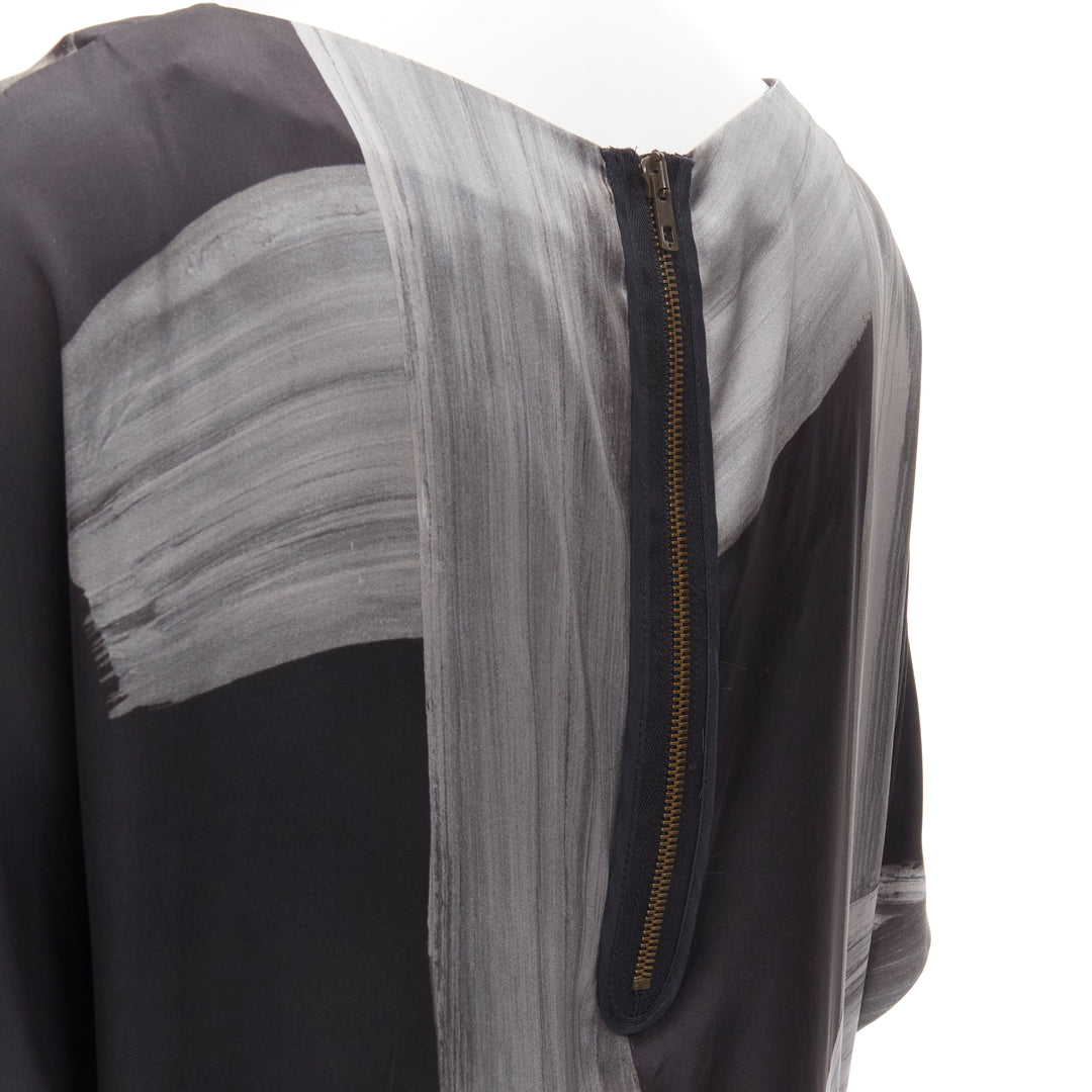 STELLA MCCARTNEY 100% silk black grey brush stroke print bateau dress IT38 XS