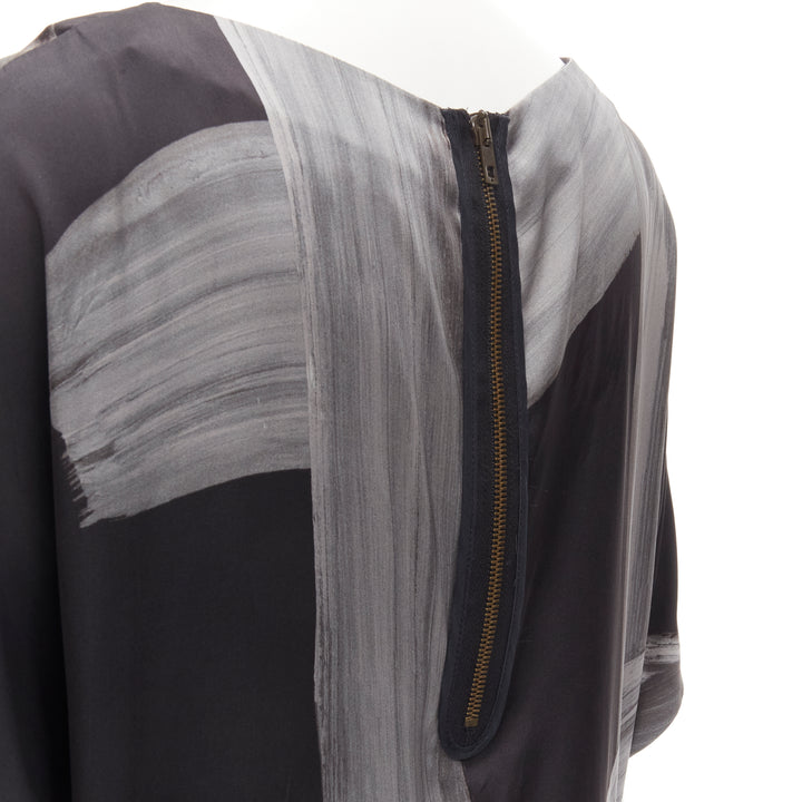 STELLA MCCARTNEY 100% silk black grey brush stroke print bateau dress IT38 XS