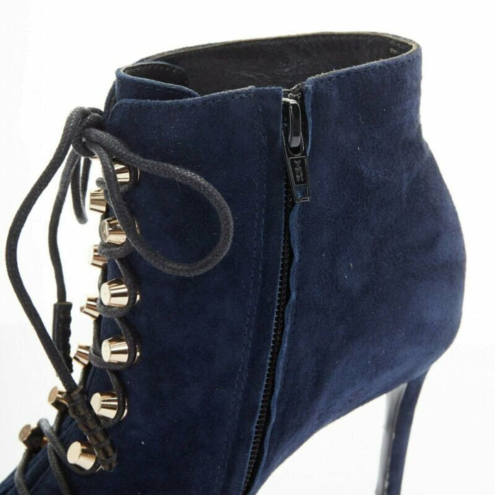 BALENCIAGA navy blue suede gold-tone stud lace up point toe bootie EU37 US7