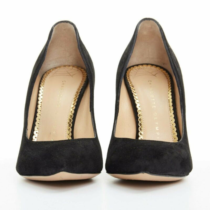 CHARLOTTE OLYMPIA black suede point toe spider embroidered chunky high heel EU35