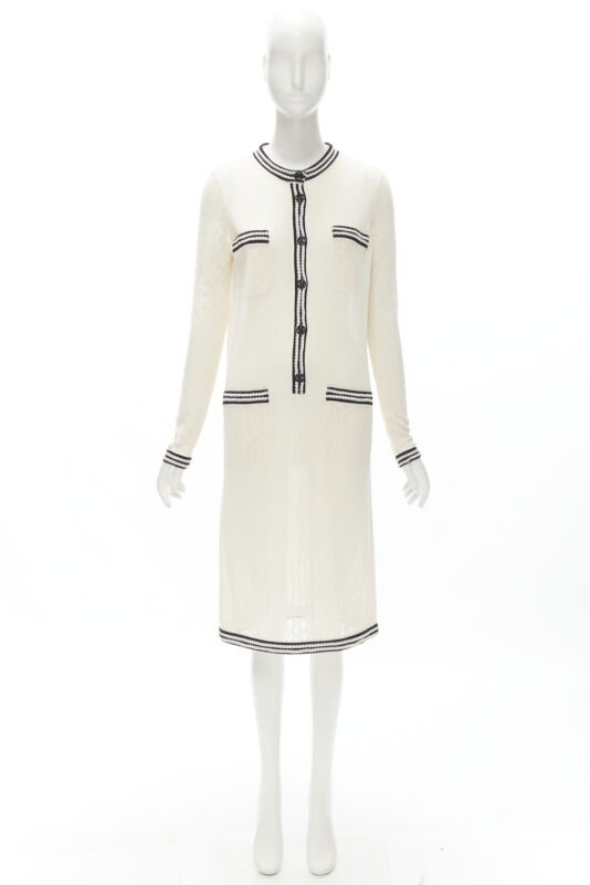 CHANEL cream beige 4-pocket black CC crochet knit midi dress FR38 S