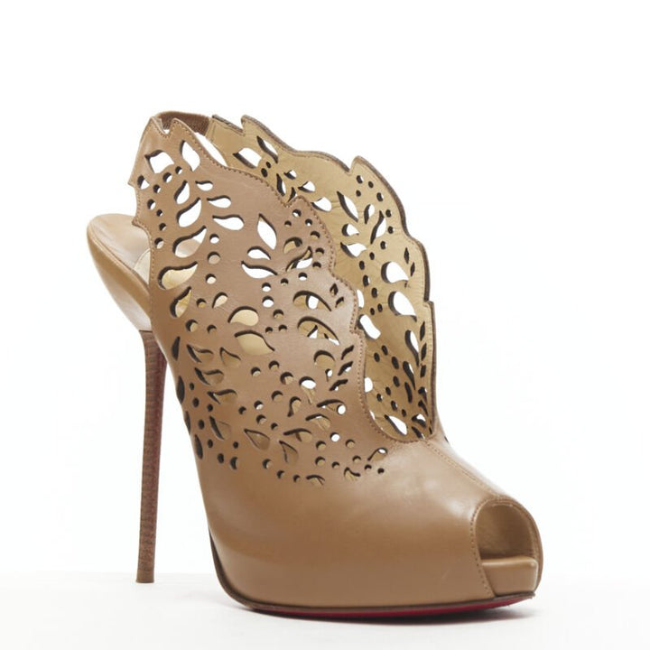 CHRISTIAN LOUBOUTIN Markesling 130 tan brown laser cut peep toe bootie EU39