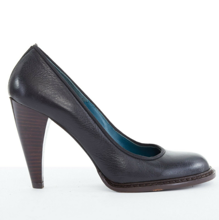 ANNE VALERIE HASH black leather round toe stacked chunky heel shoes EU37 US7 UK4