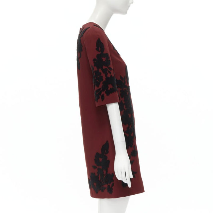 DOLCE GABBANA red crepe black floral velvet devore sheath dress IT36 XS