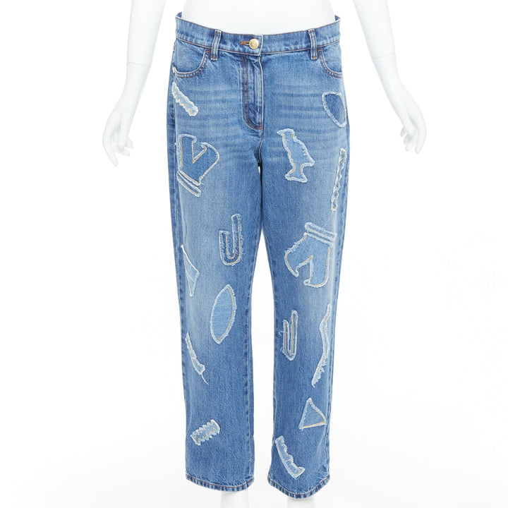 CHANEL 19A blue cotton hieroglyphics patch straight leg jeans FR40 L